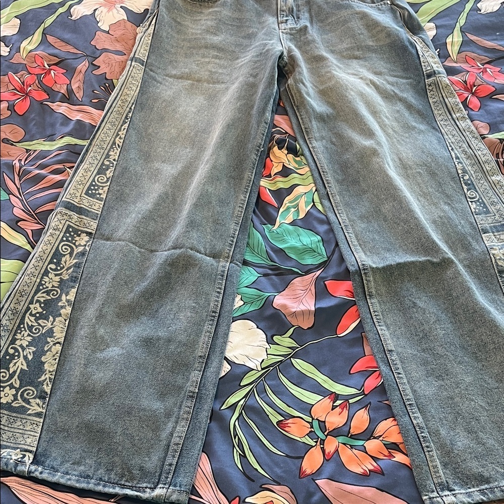 Super wide leg printed jeans. Light wash. New with tags